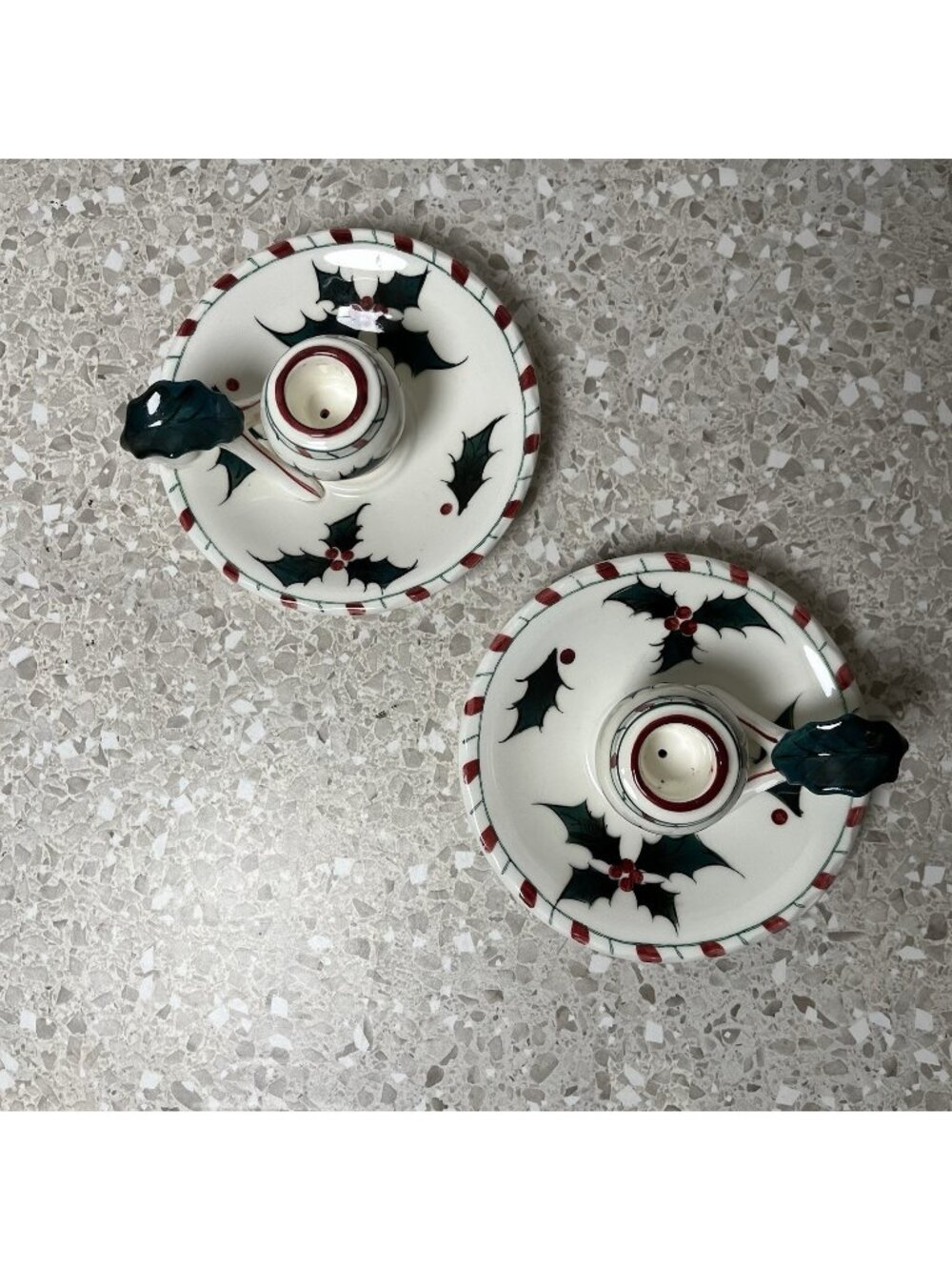 LEFTON Holly and Candy Cane Chamber Candle Stick Holders Set of 2 Japan 033 Vtg